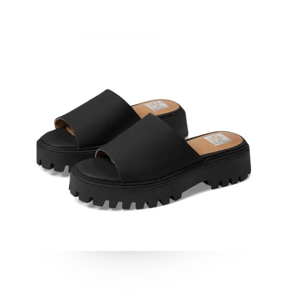 DV Dolce Vita LILIAH Black Faux Leather Chunky Lug Heel Platform Slide Sandals